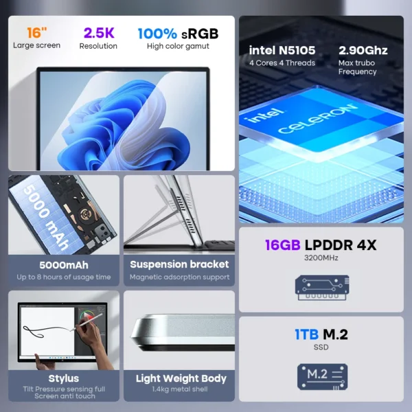 16 Inch Intel Laptop 2.5K Display Touchscreen Windows11 - Image 3