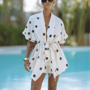 Spring Summer Polka Dot Linen Printed Shorts Set Vacation Loose Two Piece Set Women